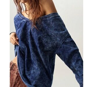 Cozy Blue Mineral Wash V neck Oversized Long sleeve Top